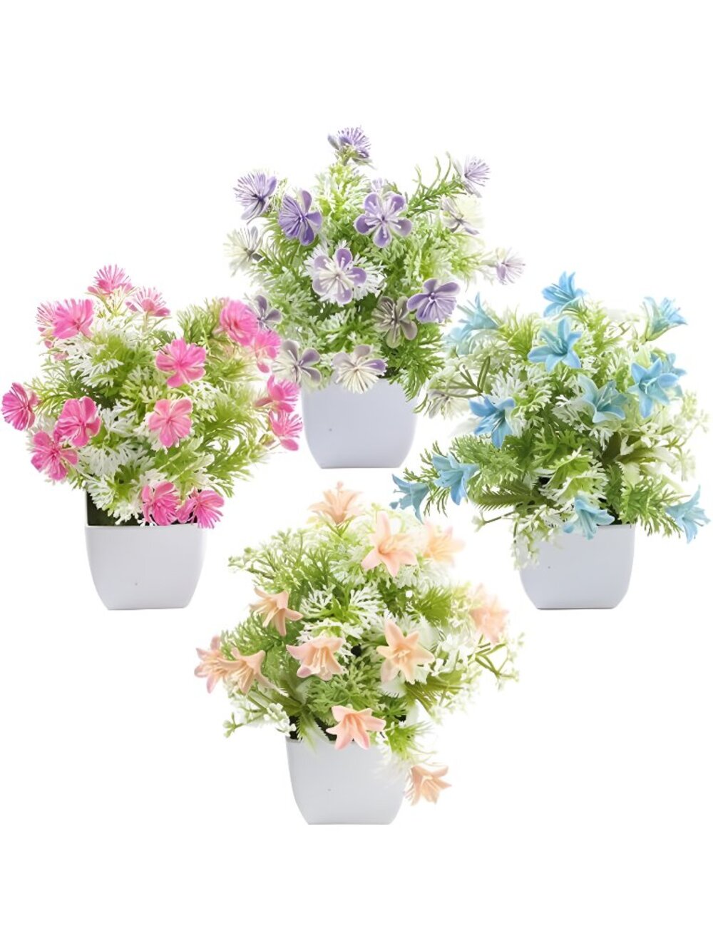 Mini Artificial Faux Plants 4 Packs, Small Fake Plants with Flowers, Black